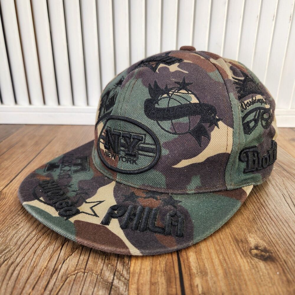 K&B Ethos Camo Fitted Hat XL All Over Embroidered Cities Y2K Hip Hop Cap Green